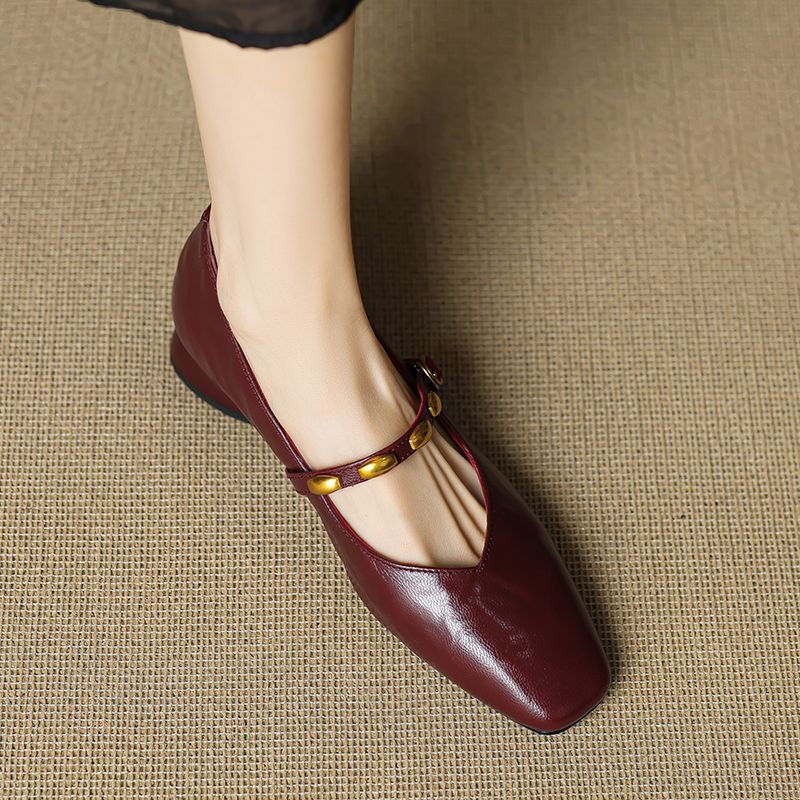 Greta | Gold-Stud Strap Square-Toe Mary Jane Flats