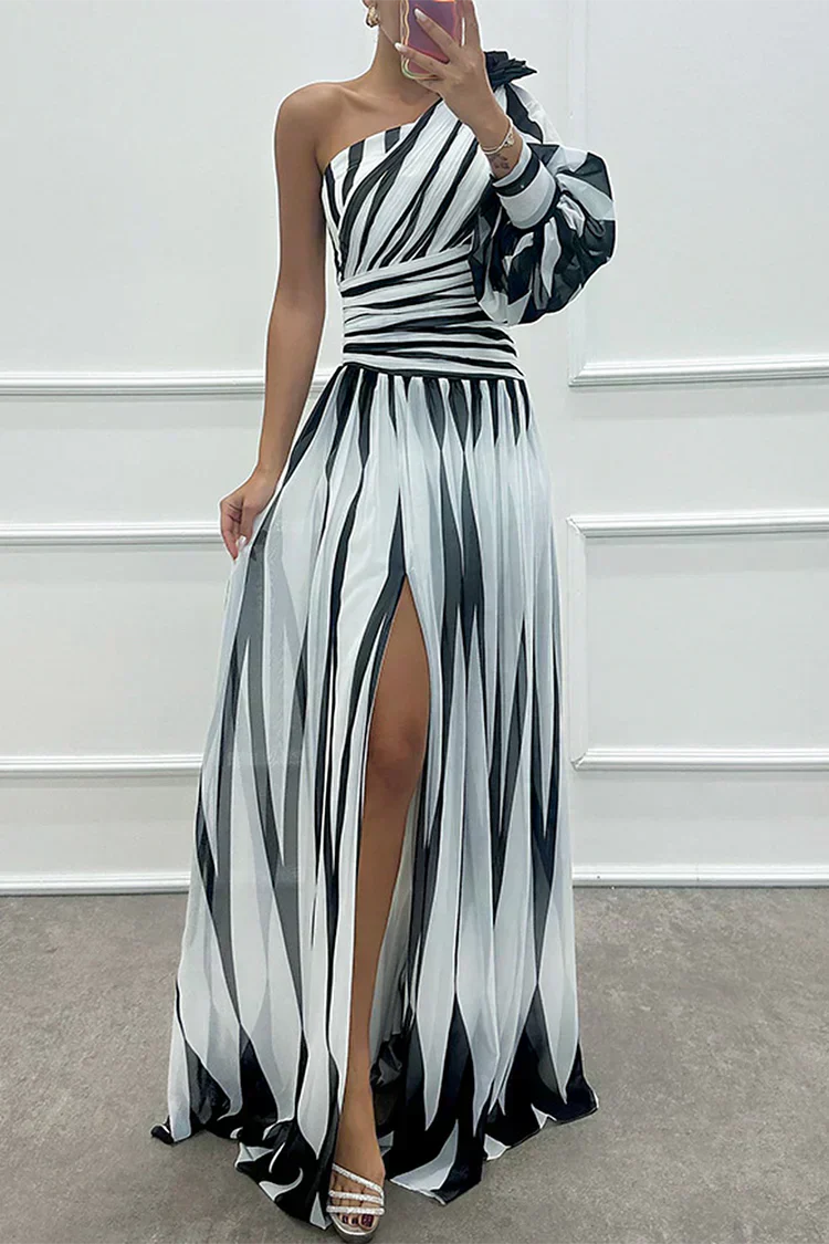 Stella & Grace™ |Elegant Striped Maxi Dress with One Shoulder