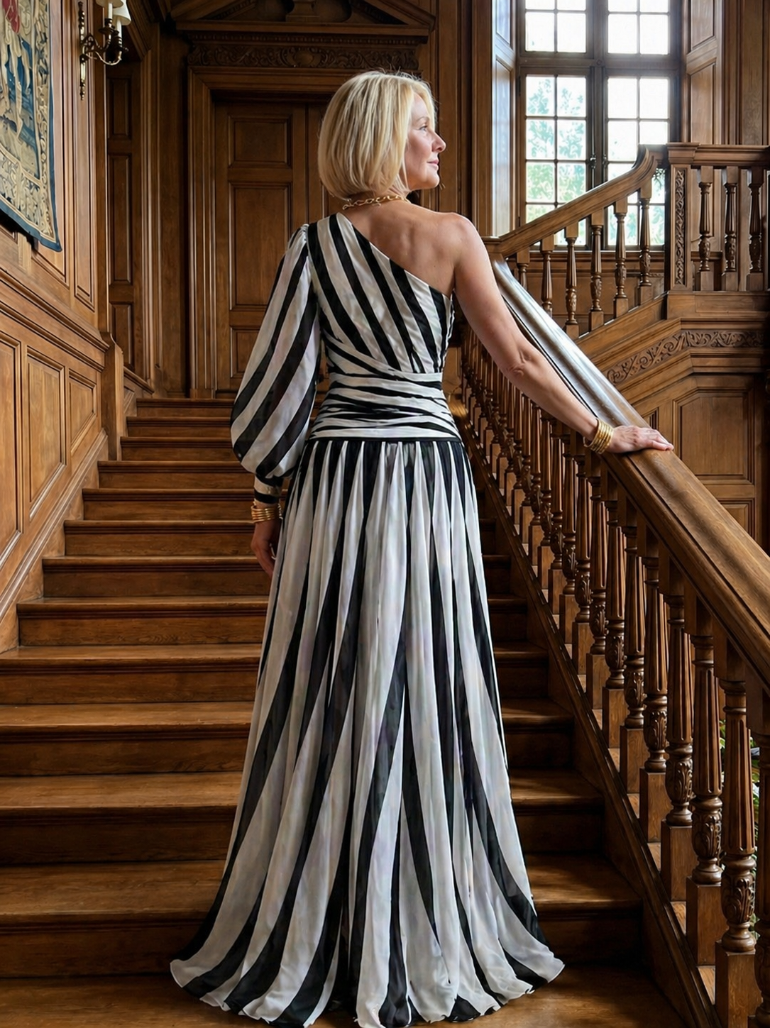 Stella & Grace™ |Elegant Striped Maxi Dress with One Shoulder
