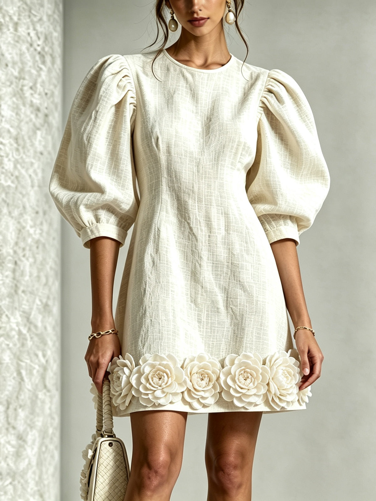 Cressida | 3D Floral Puff-Sleeve Cotton-Linen Dress