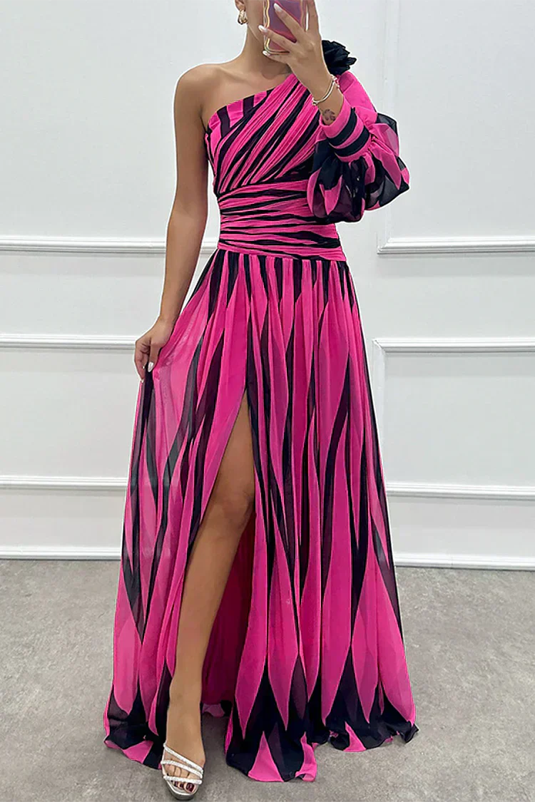 Stella & Grace™ |Elegant Striped Maxi Dress with One Shoulder