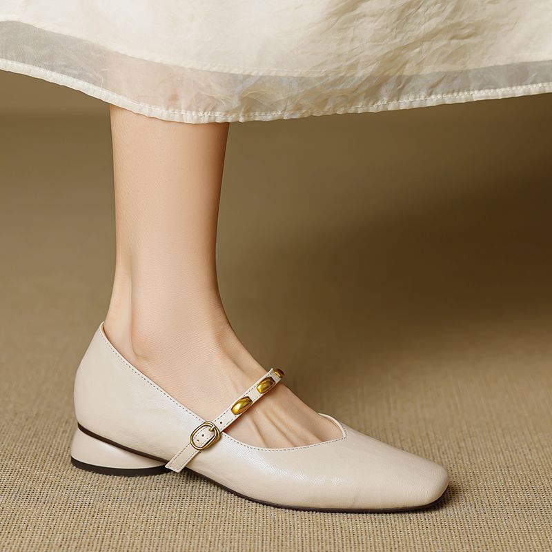 Greta | Gold-Stud Strap Square-Toe Mary Jane Flats