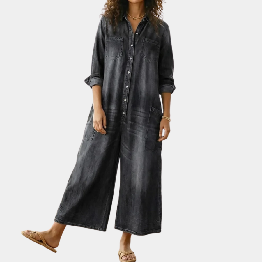 Ariana - Vintage Washed Soft Cotton Denim Jumpsuit with Button Closure