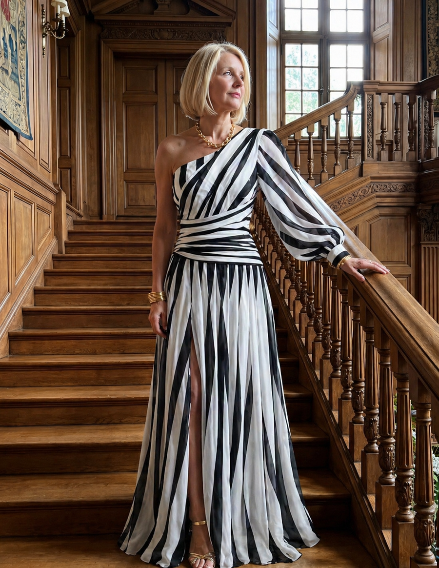 Stella & Grace™ |Elegant Striped Maxi Dress with One Shoulder