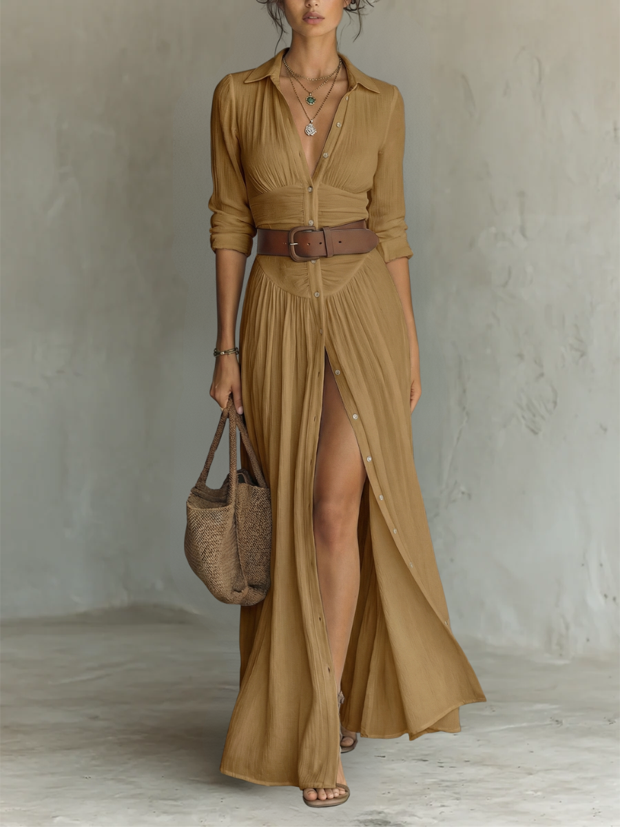 ESSENTIAL - Long Maxi Dress with Notched Collar and Long Sleeves for Women