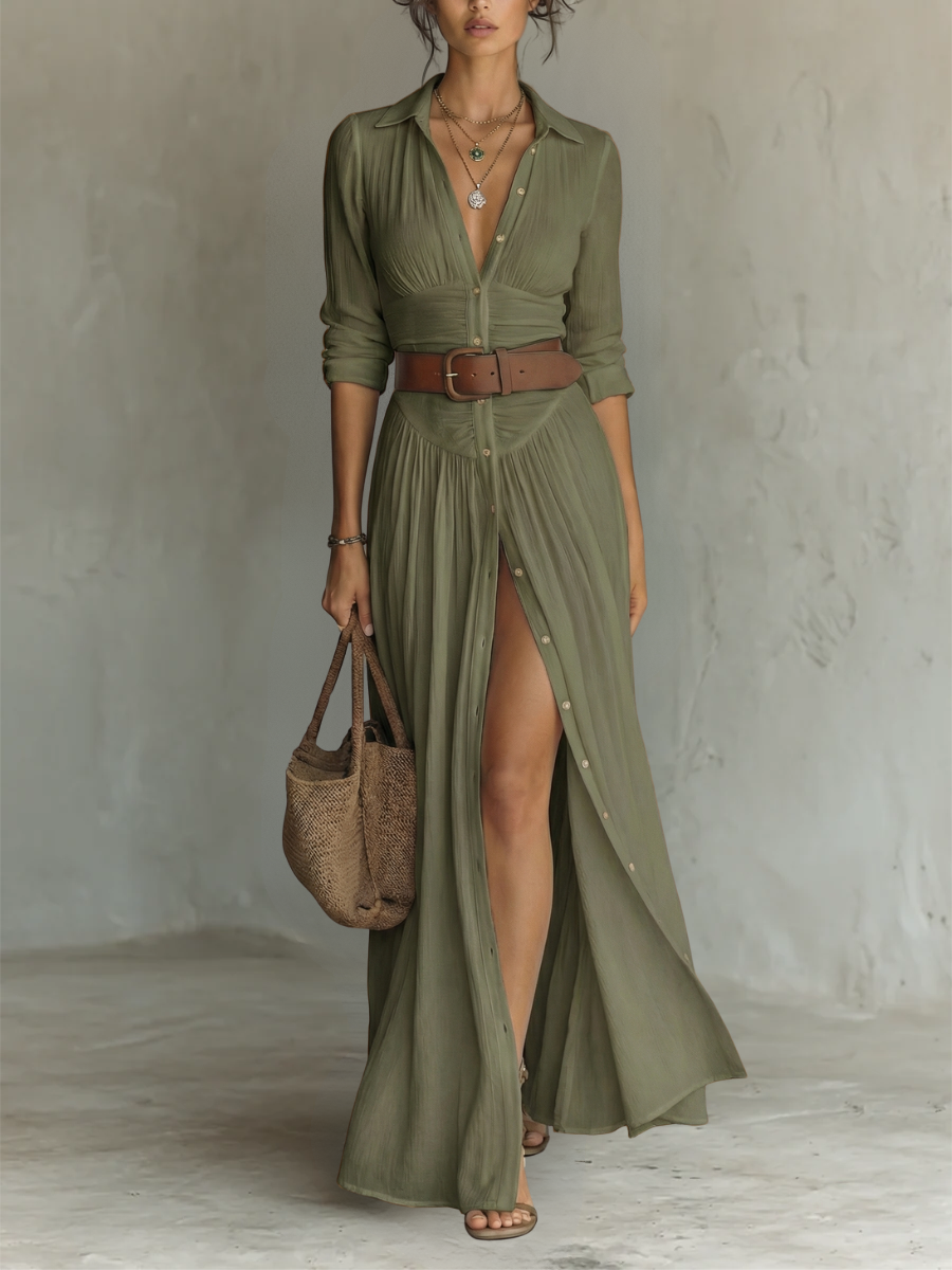ESSENTIAL - Long Maxi Dress with Notched Collar and Long Sleeves for Women