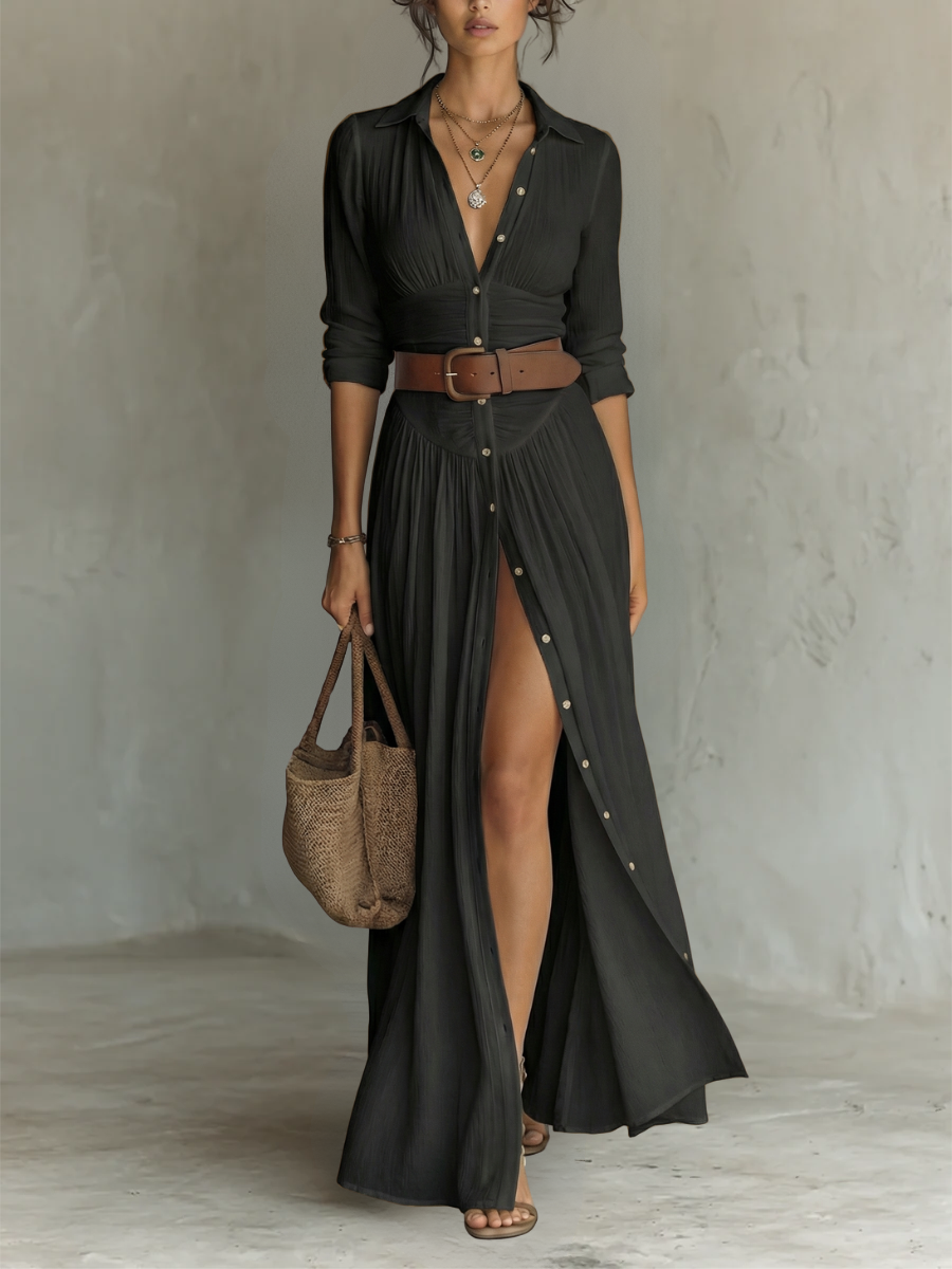 ESSENTIAL - Long Maxi Dress with Notched Collar and Long Sleeves for Women