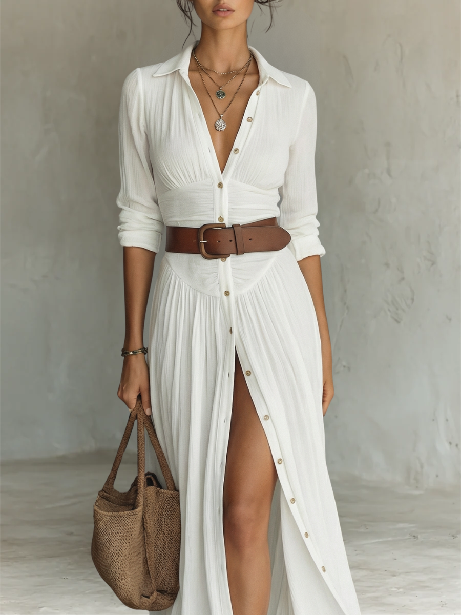ESSENTIAL - Long Maxi Dress with Notched Collar and Long Sleeves for Women