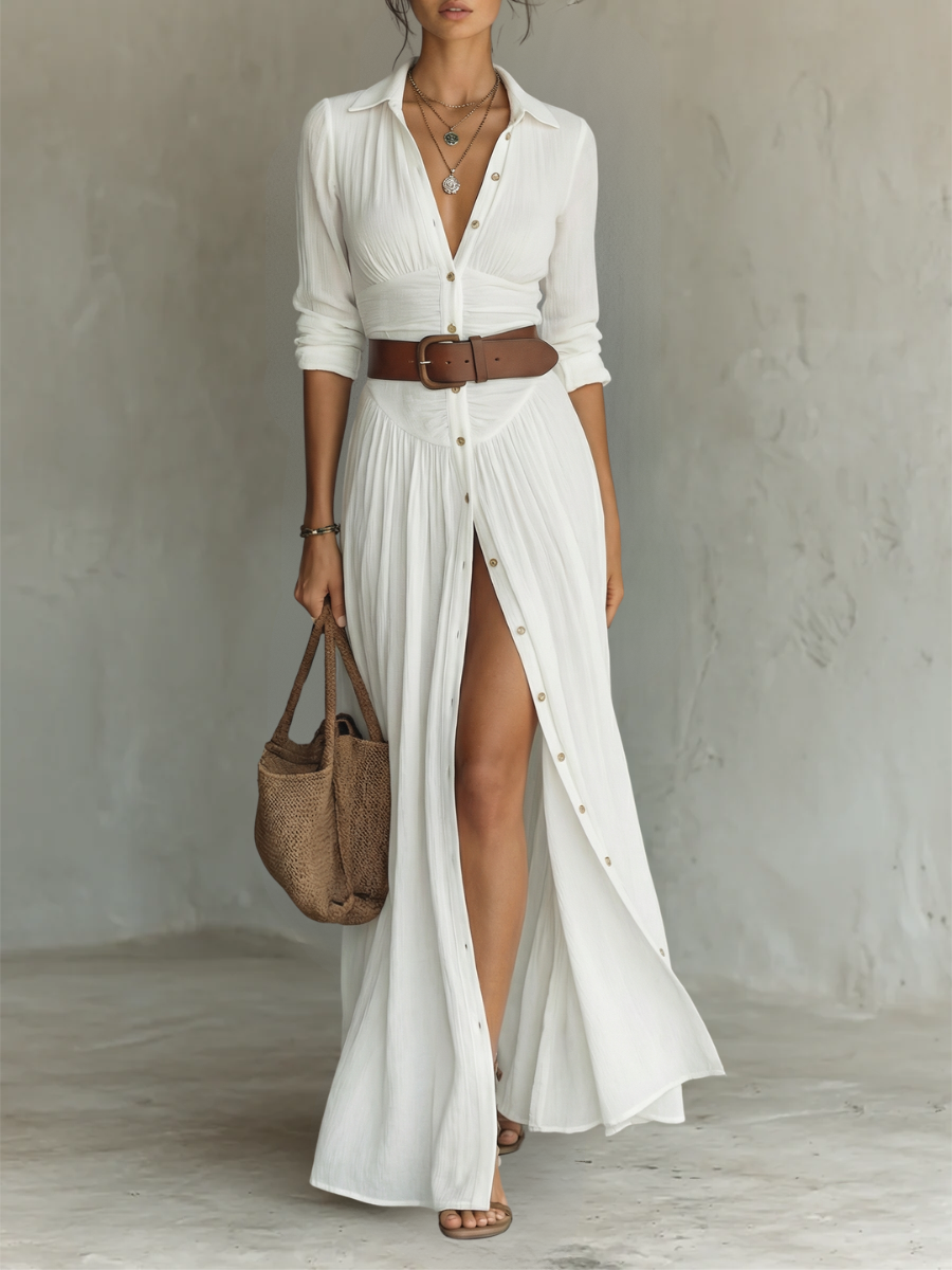 ESSENTIAL - Long Maxi Dress with Notched Collar and Long Sleeves for Women
