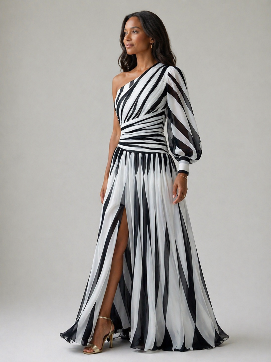 Stella & Grace™ |Elegant Striped Maxi Dress with One Shoulder
