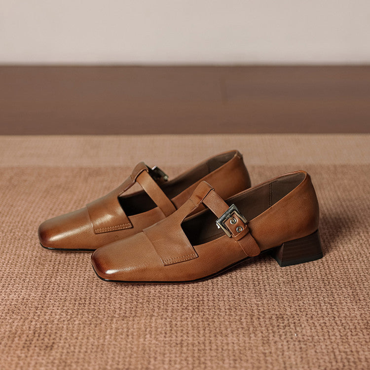 Flora | Square-Toe T-Bar Block-Heel Shoes