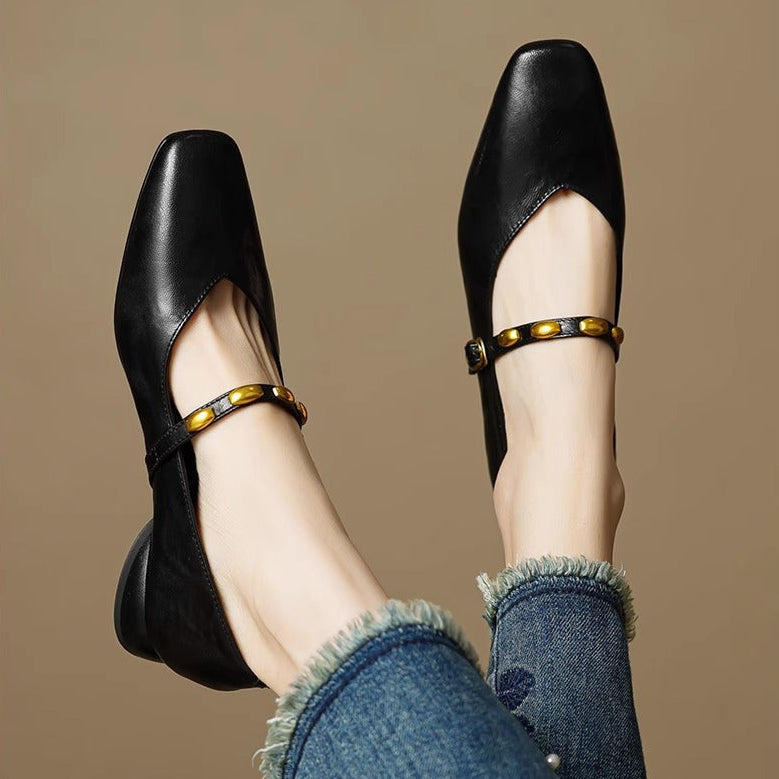 Greta | Gold-Stud Strap Square-Toe Mary Jane Flats