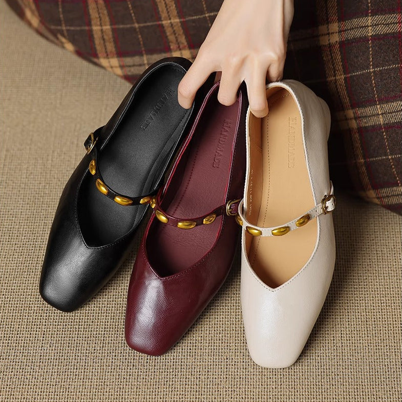 Greta | Gold-Stud Strap Square-Toe Mary Jane Flats