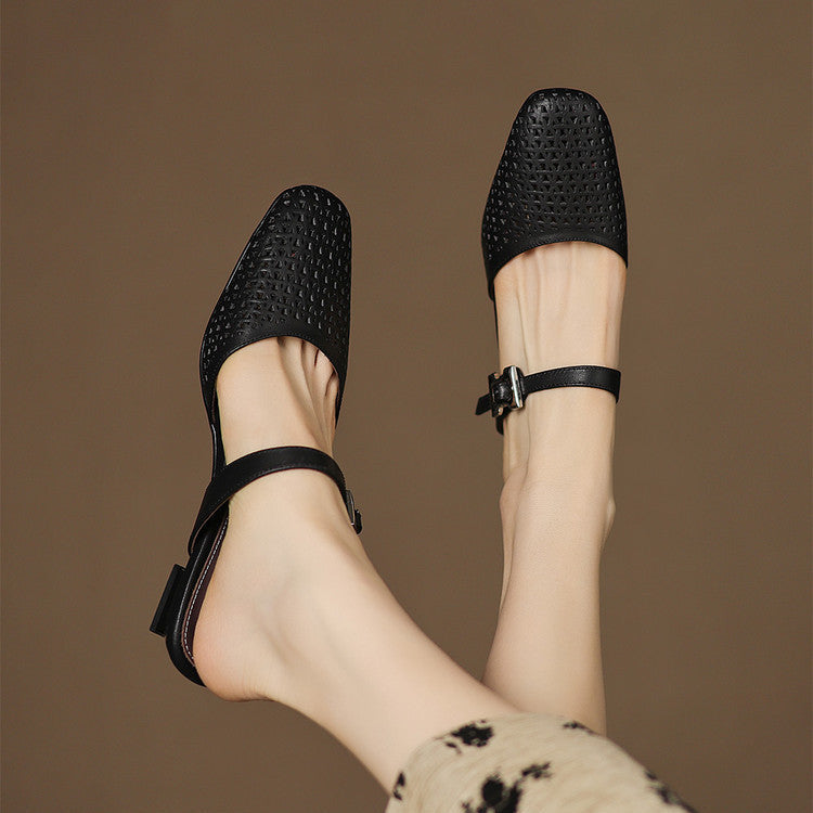 Fenella | Cut-Out Buckle-Strap Block-Heel Mules