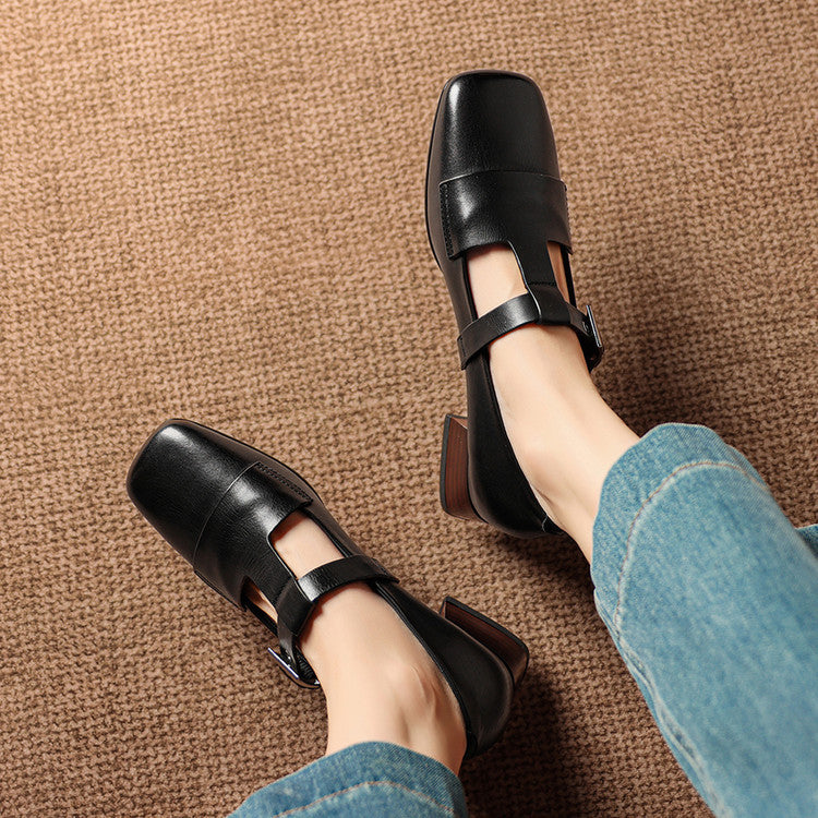 Flora | Square-Toe T-Bar Block-Heel Shoes