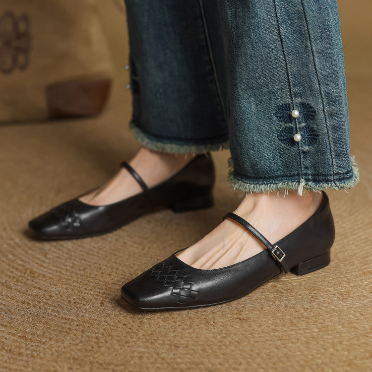 Mabel | Square-Toe Woven-Detail Mary Jane Flats