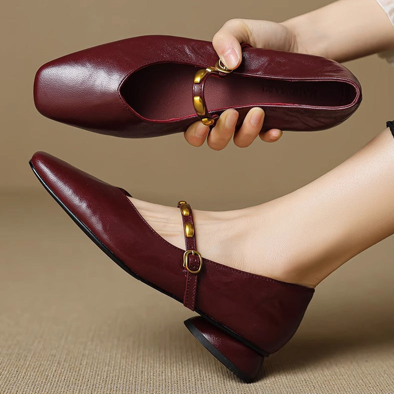 Greta | Gold-Stud Strap Square-Toe Mary Jane Flats