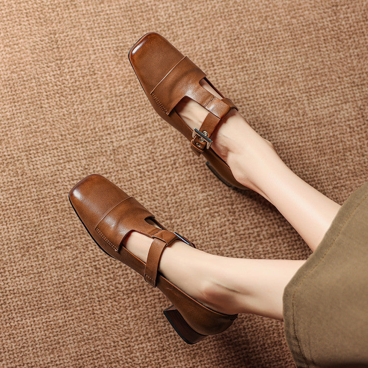 Flora | Square-Toe T-Bar Block-Heel Shoes