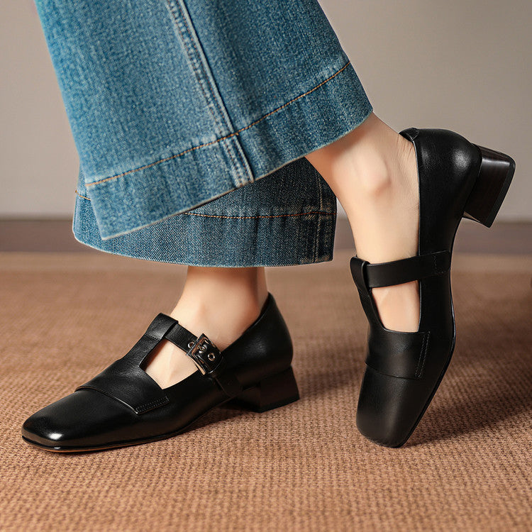 Flora | Square-Toe T-Bar Block-Heel Shoes