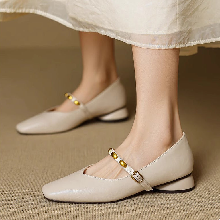 Greta | Gold-Stud Strap Square-Toe Mary Jane Flats