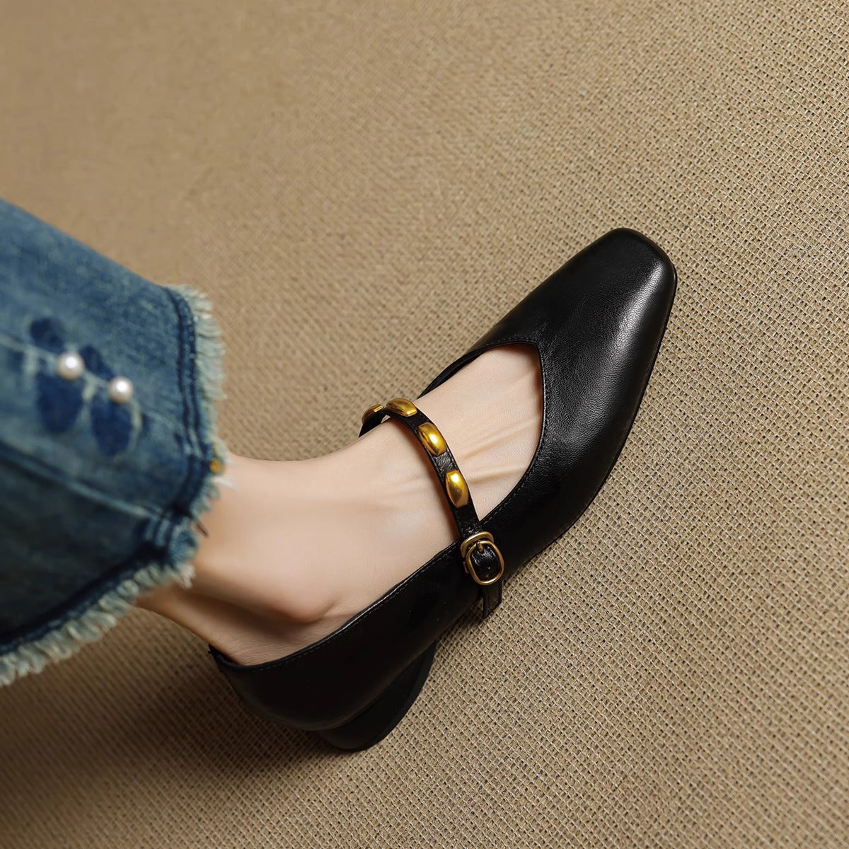 Greta | Gold-Stud Strap Square-Toe Mary Jane Flats