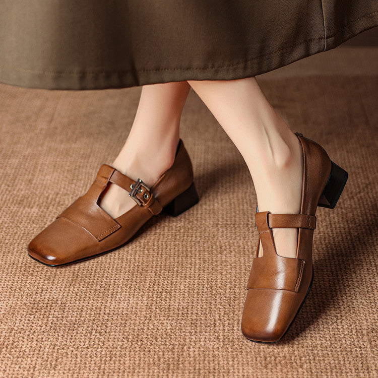 Flora | Square-Toe T-Bar Block-Heel Shoes
