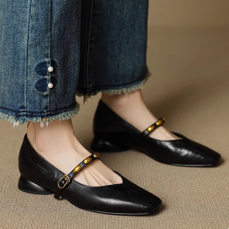 Greta | Gold-Stud Strap Square-Toe Mary Jane Flats