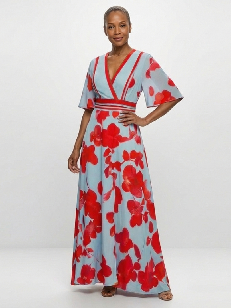 Stella & Grace™ | V Neck Short Sleeve Floral Maxi Dress