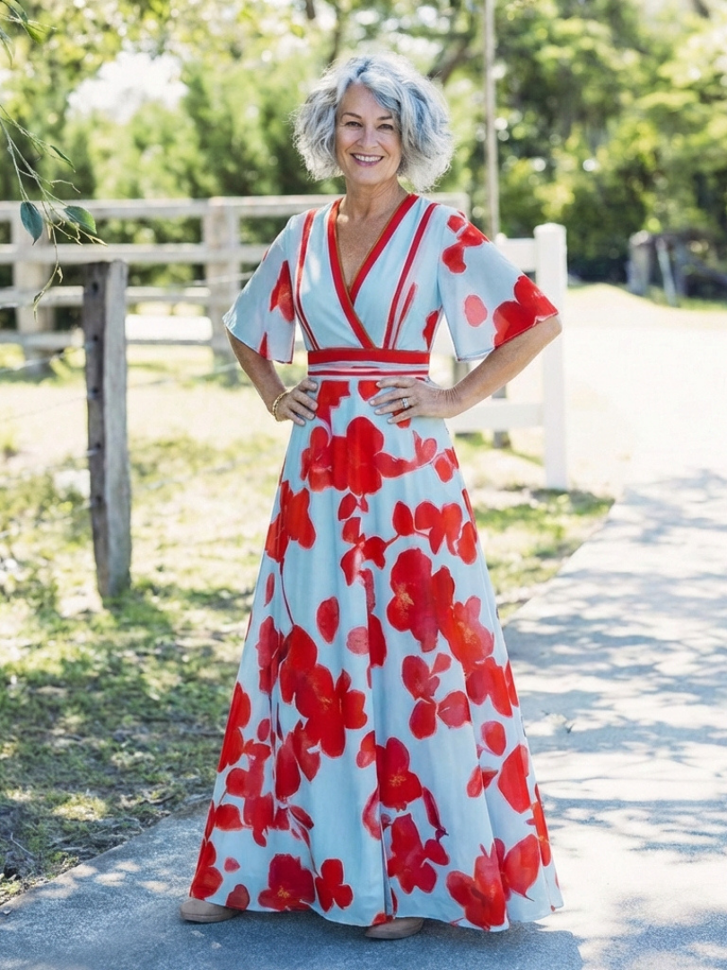 Stella & Grace™ | V Neck Short Sleeve Floral Maxi Dress