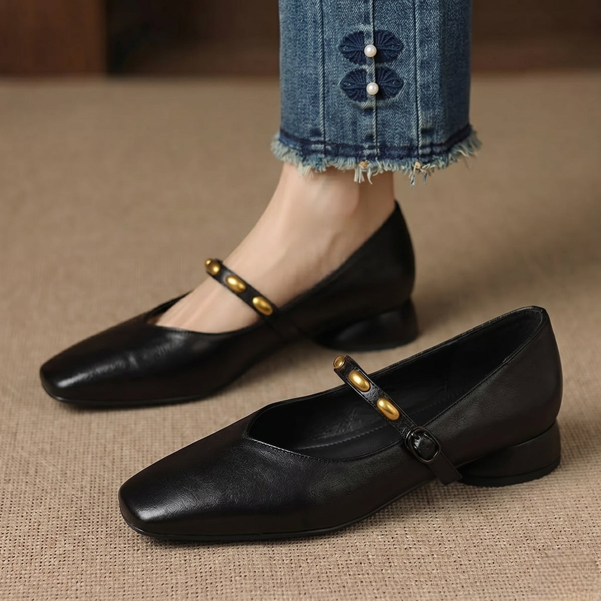 Greta | Gold-Stud Strap Square-Toe Mary Jane Flats