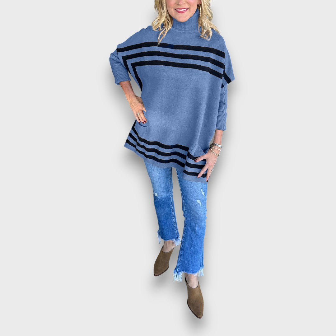Marlen – High Neck Bat Sleeve Striped Sweater