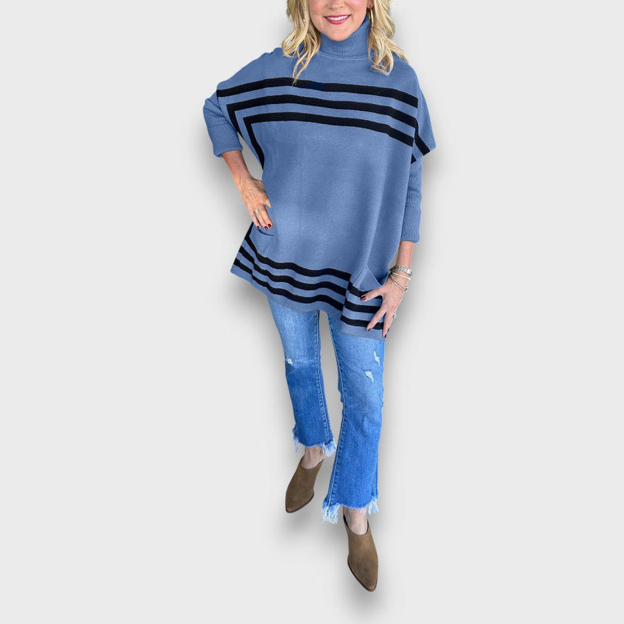 Marlen – High Neck Bat Sleeve Striped Sweater