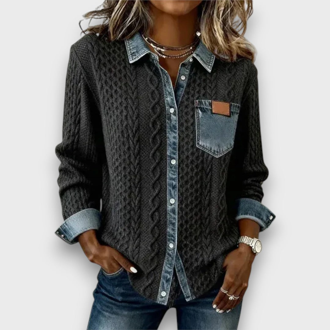 Ambria – Patchwork Knit Top with Denim Details