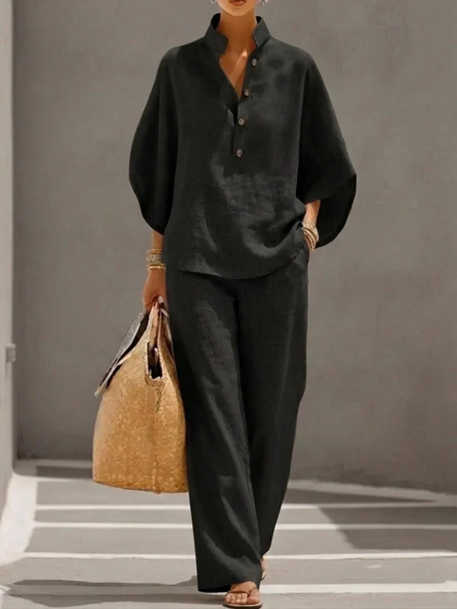 Sophie | Linen Batwing Sleeve Top & Wide-Leg Pants Set