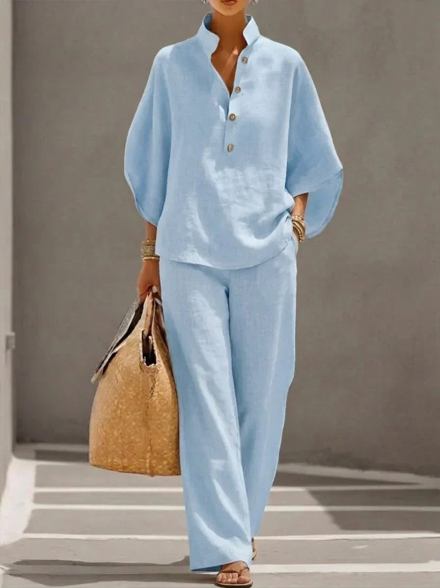 Sophie | Linen Batwing Sleeve Top & Wide-Leg Pants Set