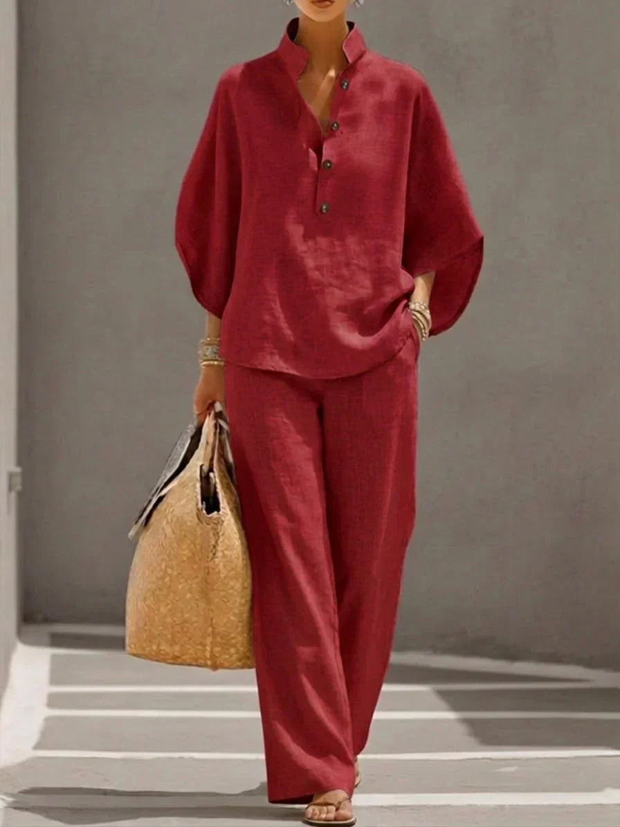 Sophie | Linen Batwing Sleeve Top & Wide-Leg Pants Set