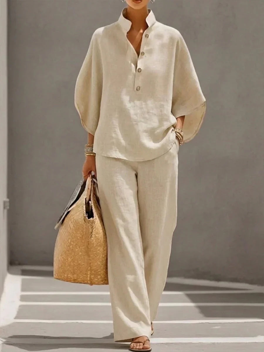 Sophie | Linen Batwing Sleeve Top & Wide-Leg Pants Set