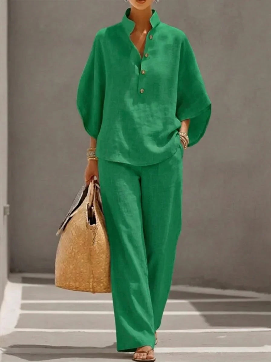 Sophie | Linen Batwing Sleeve Top & Wide-Leg Pants Set