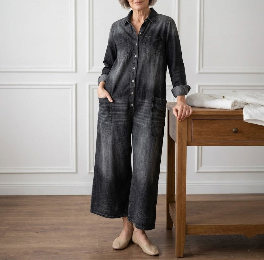 Ariana - Vintage Washed Soft Cotton Denim Jumpsuit with Button Closure