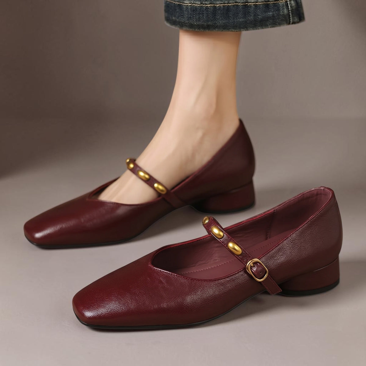 Greta | Gold-Stud Strap Square-Toe Mary Jane Flats