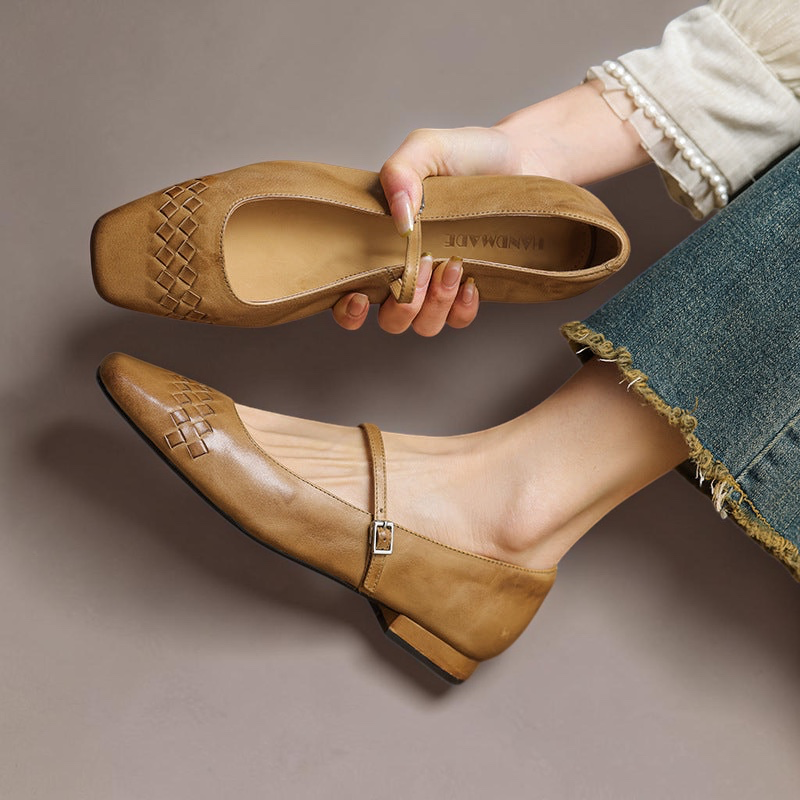 Mabel | Square-Toe Woven-Detail Mary Jane Flats